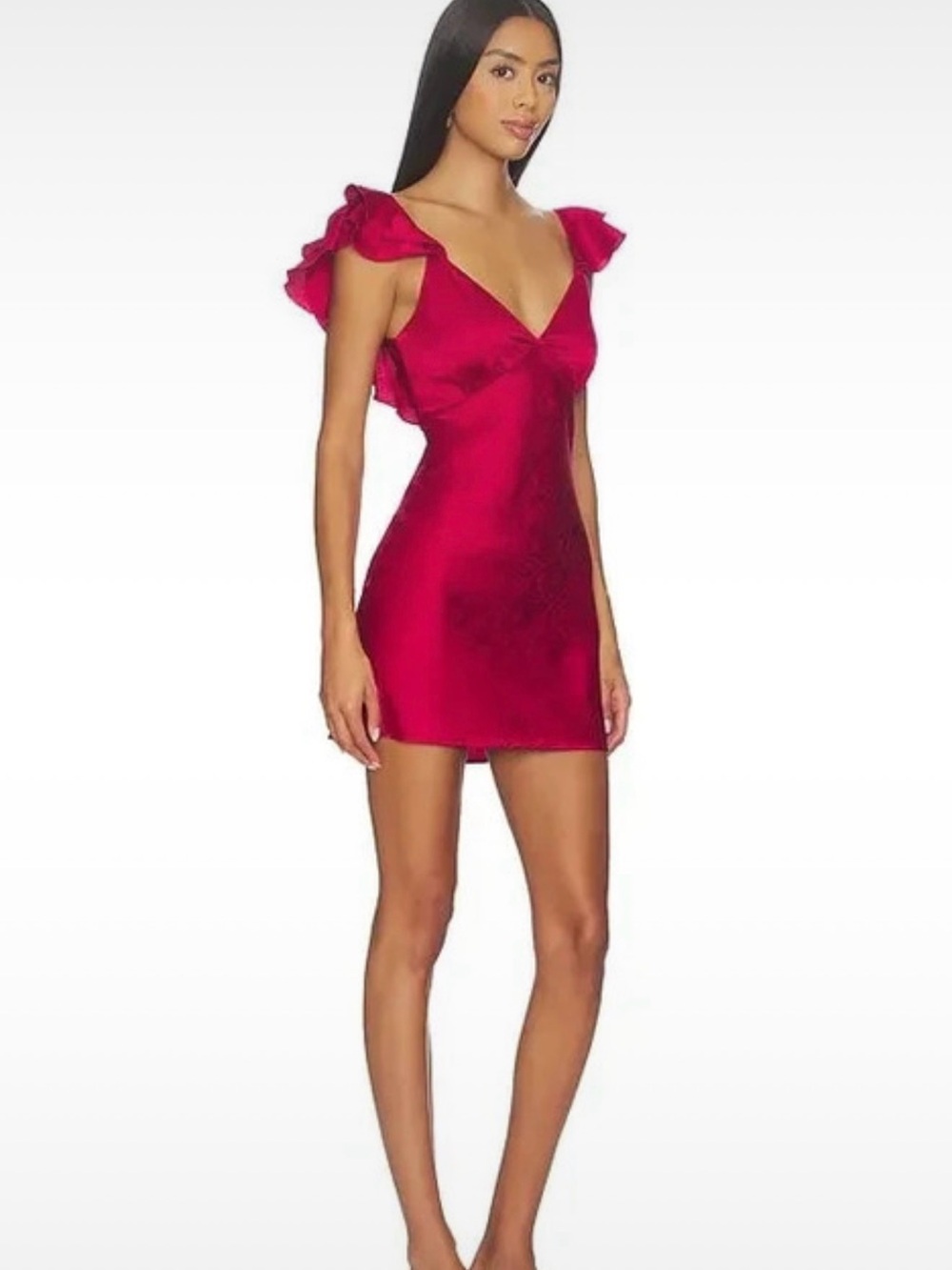 Ruffled Shoulder V-Neck Satin Mini Dress in Deep Berry